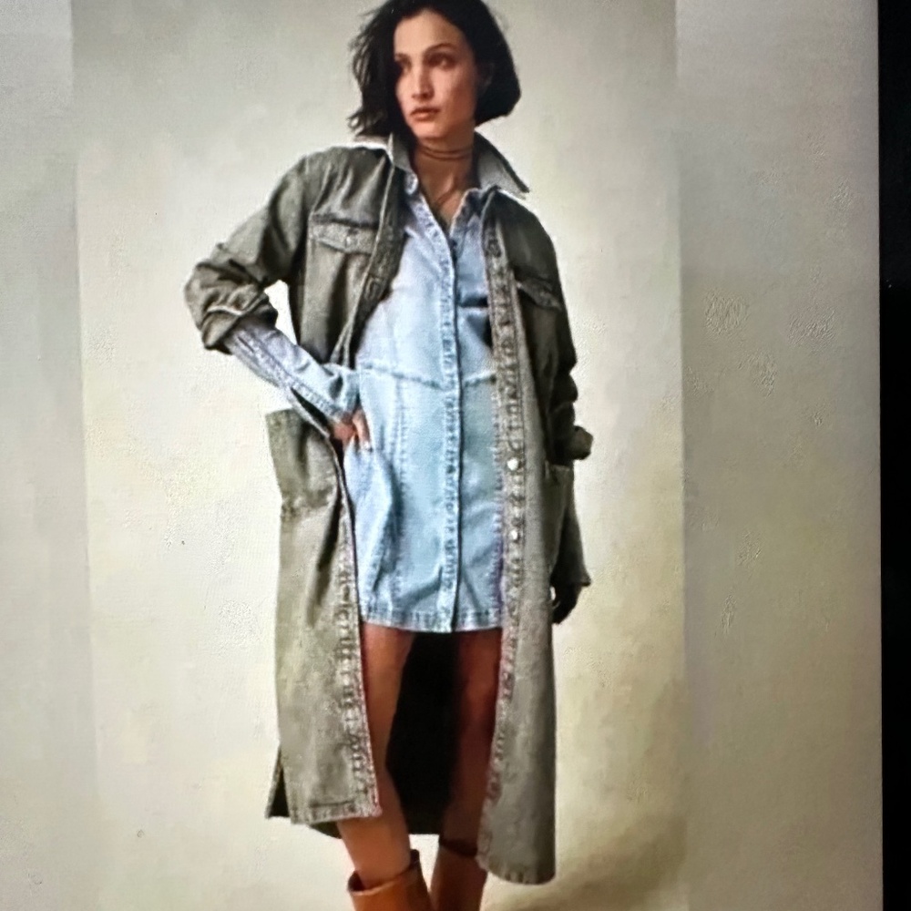 Free people “Ana Lou Distressed Denim Duster